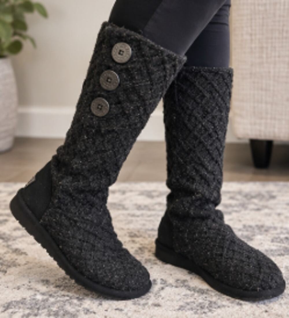 UGG Lattice Cardy Black Knit Tall Boots 3 Button Sweater Boho US 8 EU 39